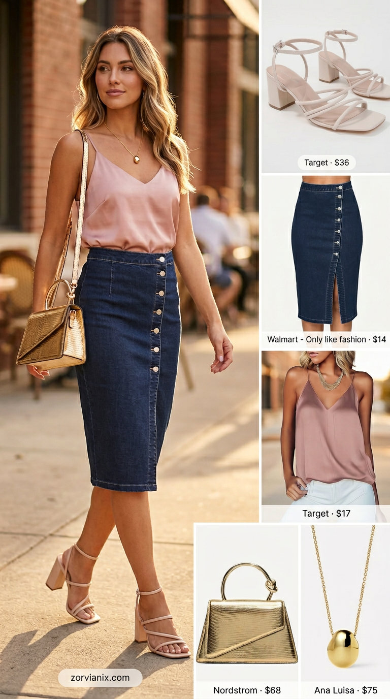 Chic summer denim skirt outfit 2026 for brunch with satin camisole, heeled sandals, and structured bag.
