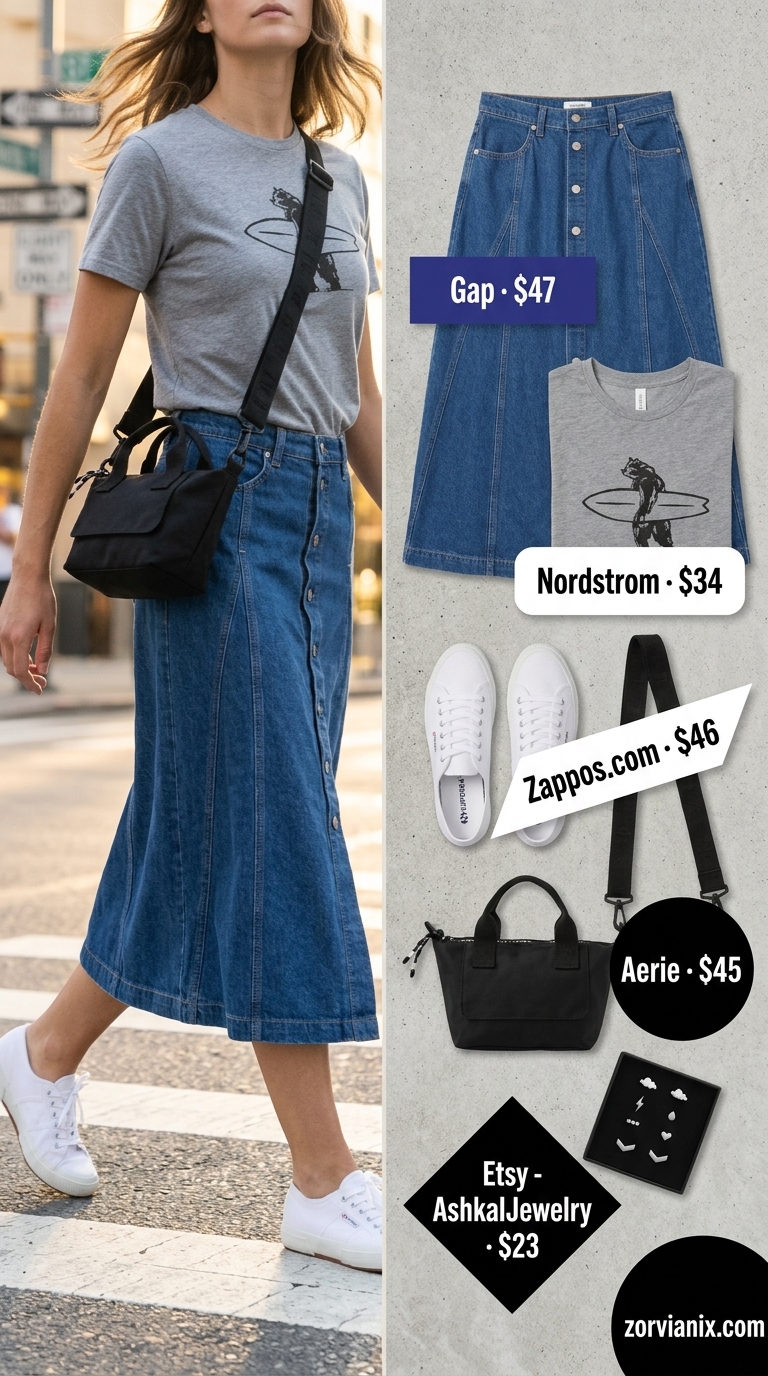 Casual cool summer denim skirt outfit 2026 with graphic tee, sneakers, and crossbody bag.