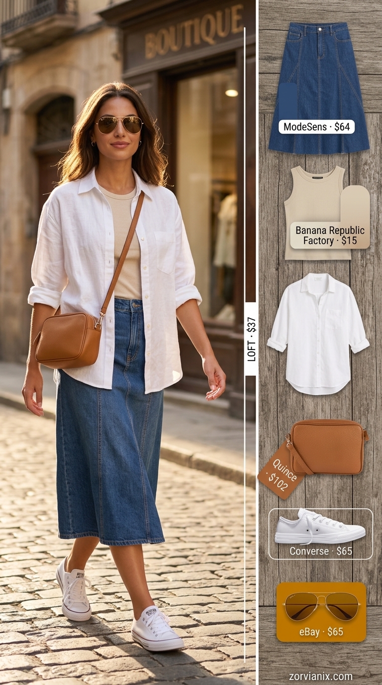 Comfortable city summer denim skirt outfit with linen shirt, tank top, and sneakers.