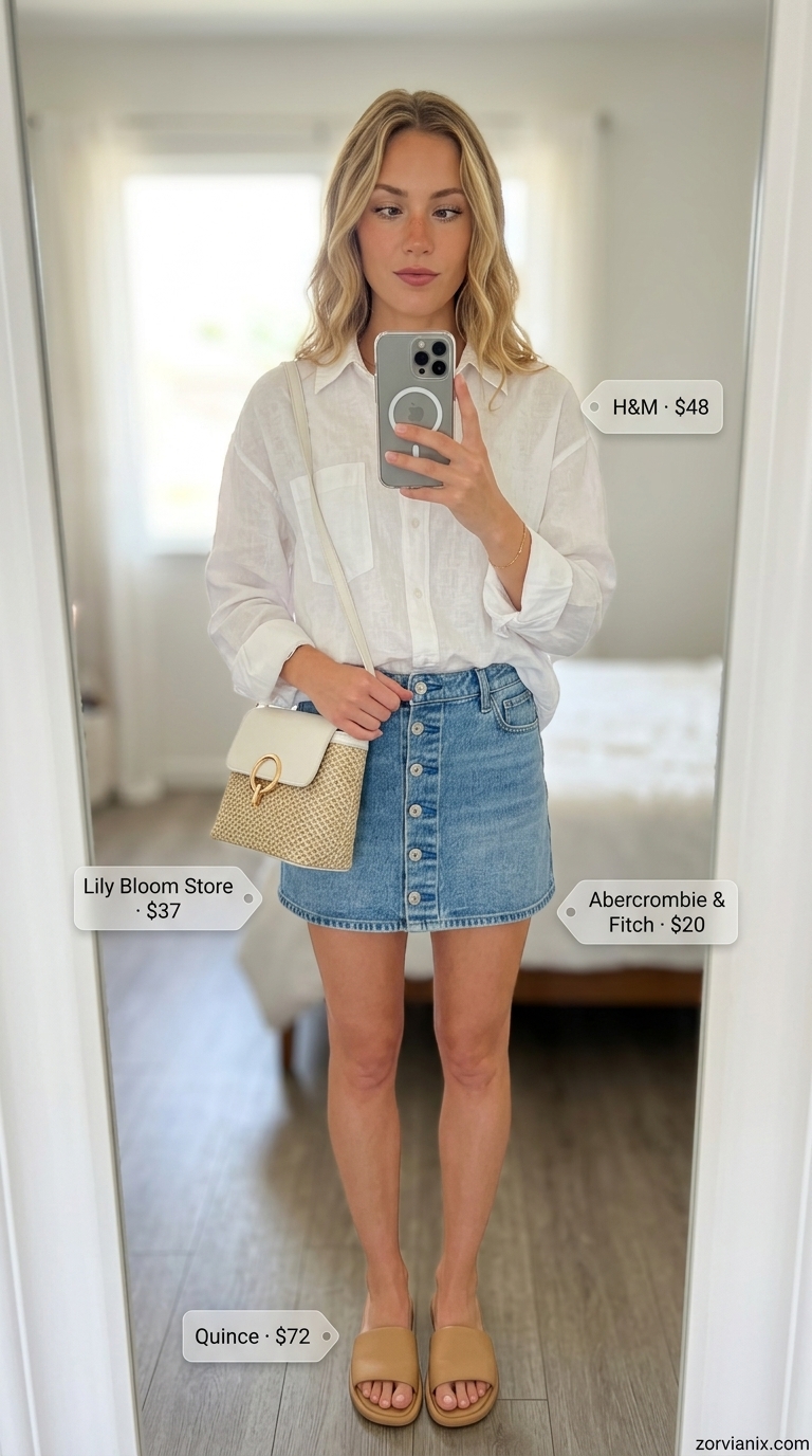 Relaxed summer denim skirt outfit 2026 for the beach with linen shirt, slide sandals, and straw bag.