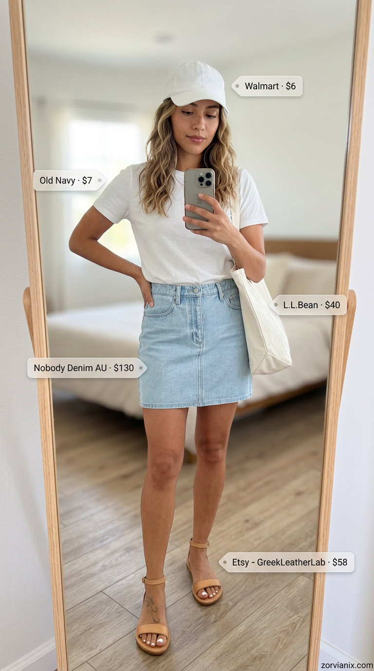 Relaxed summer denim skirt outfit 2026 for a coastal day trip with white tee, sandals, and tote bag.