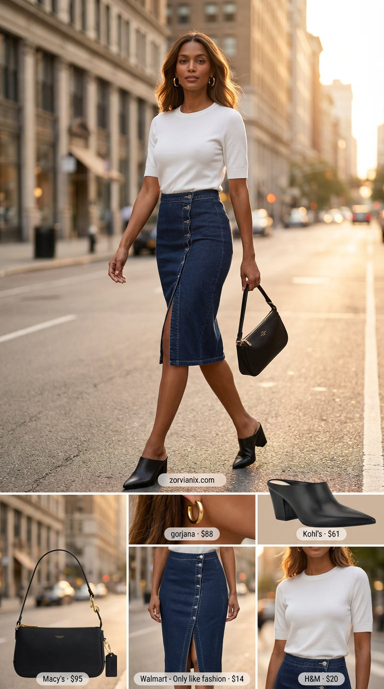 Chic summer denim skirt outfit 2026 for evening with knit top, heeled mules, and statement earrings.