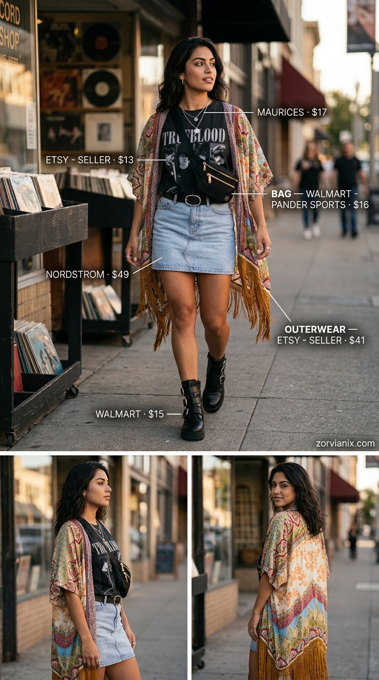 Edgy festival summer denim skirt outfit with graphic tee, kimono, and combat boots.