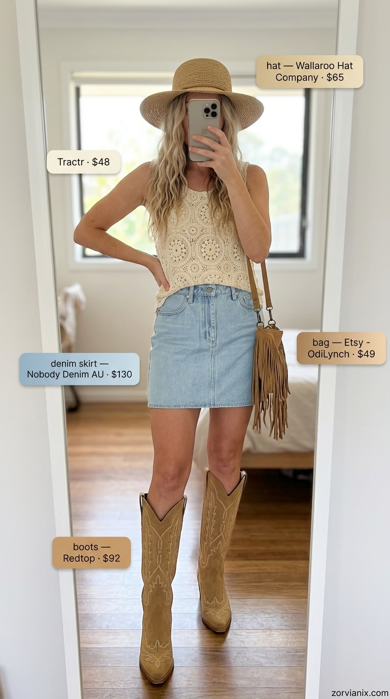 Bohemian summer denim skirt outfit 2026 for a music festival with crochet top, cowboy boots, and straw hat.