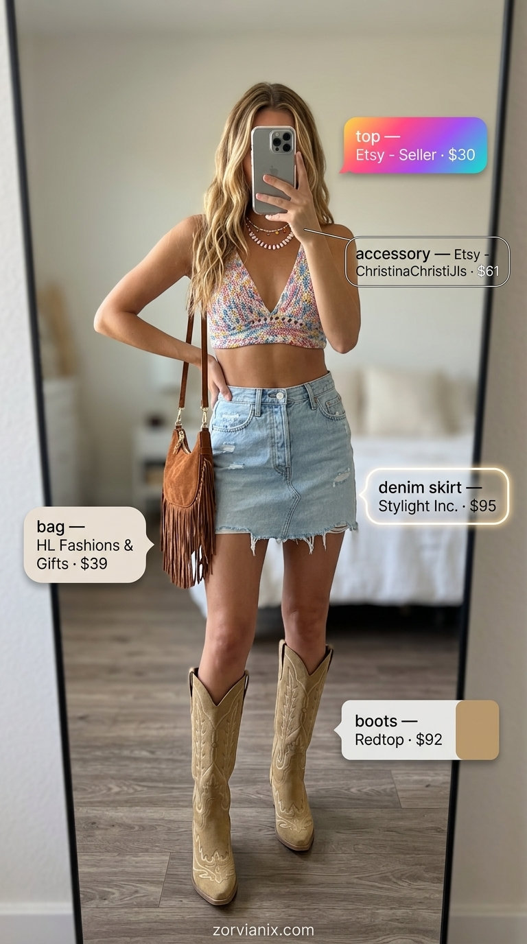 Fun festival summer denim skirt outfit with crochet top, suede boots, and fringe bag.