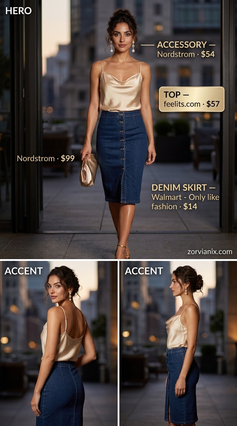 Elegant evening summer denim skirt outfit with champagne camisole, metallic heels, and clutch.