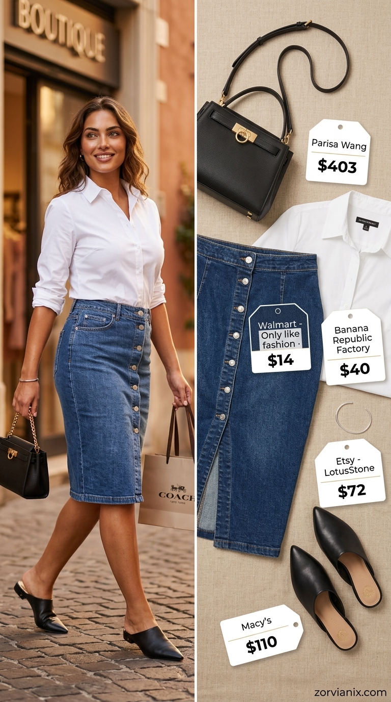 Modern sophisticated summer denim skirt outfit with white button-down shirt, black mules, and leather bag.