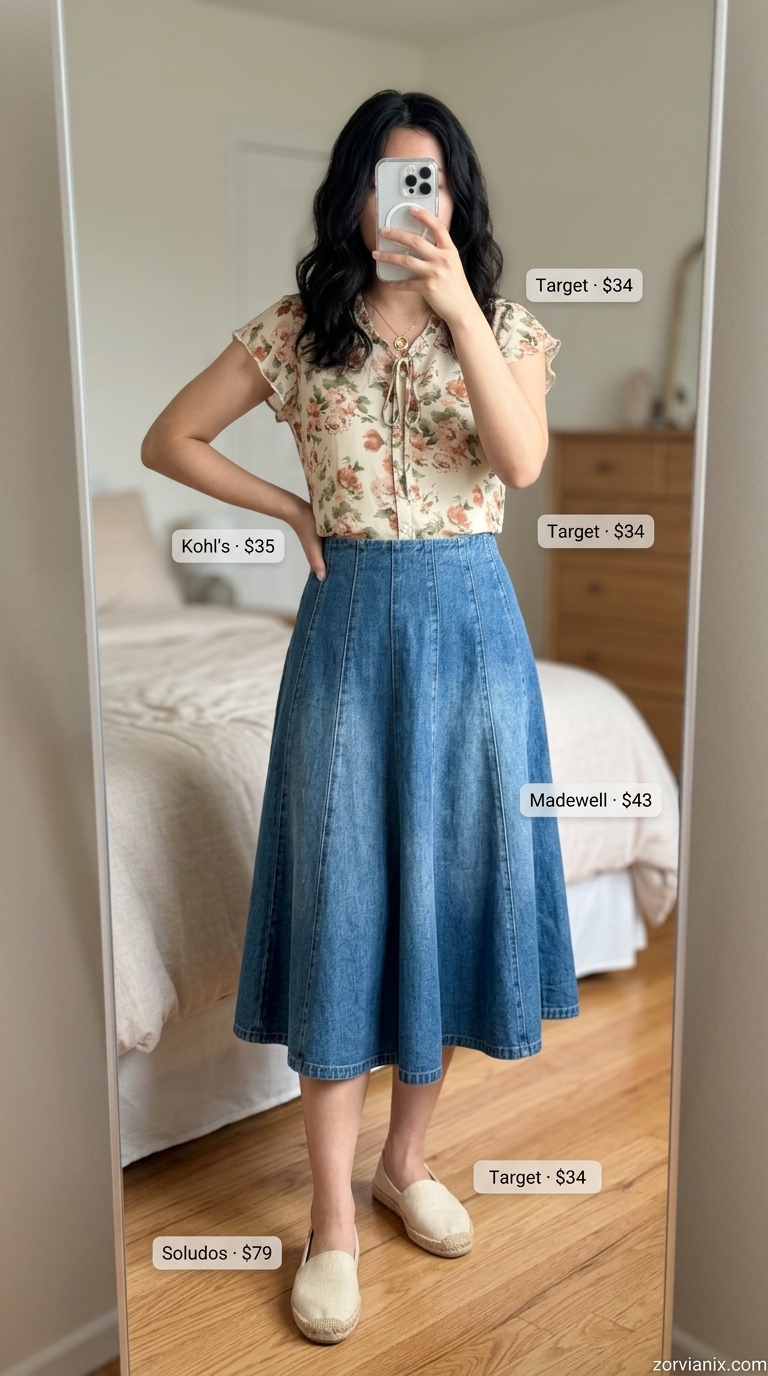 Charming summer denim skirt outfit 2026 with floral blouse, espadrilles, and wicker bag for a picnic.