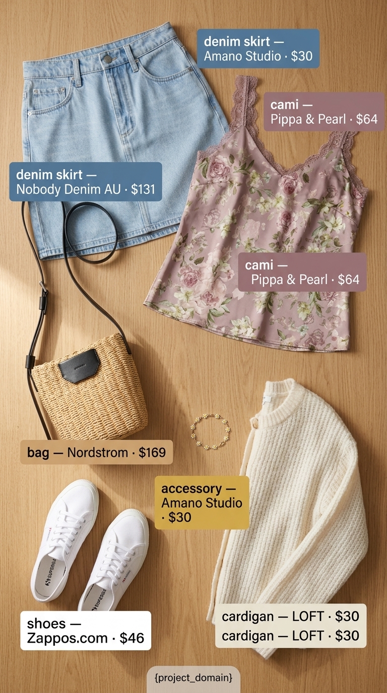 Feminine summer denim skirt outfit 2026 for a picnic with floral camisole, cardigan, and sneakers.