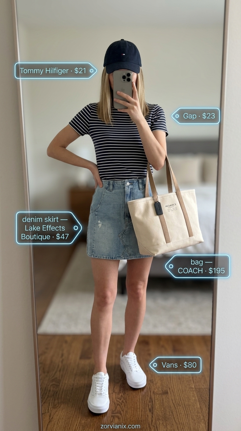 Retro sporty summer denim skirt outfit with striped tee, baseball cap, and tote bag for a casual day out.