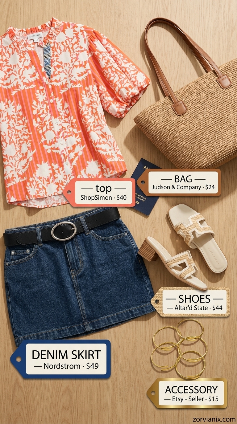 Playful coastal summer denim skirt outfit with floral blouse, flat sandals, and straw tote.