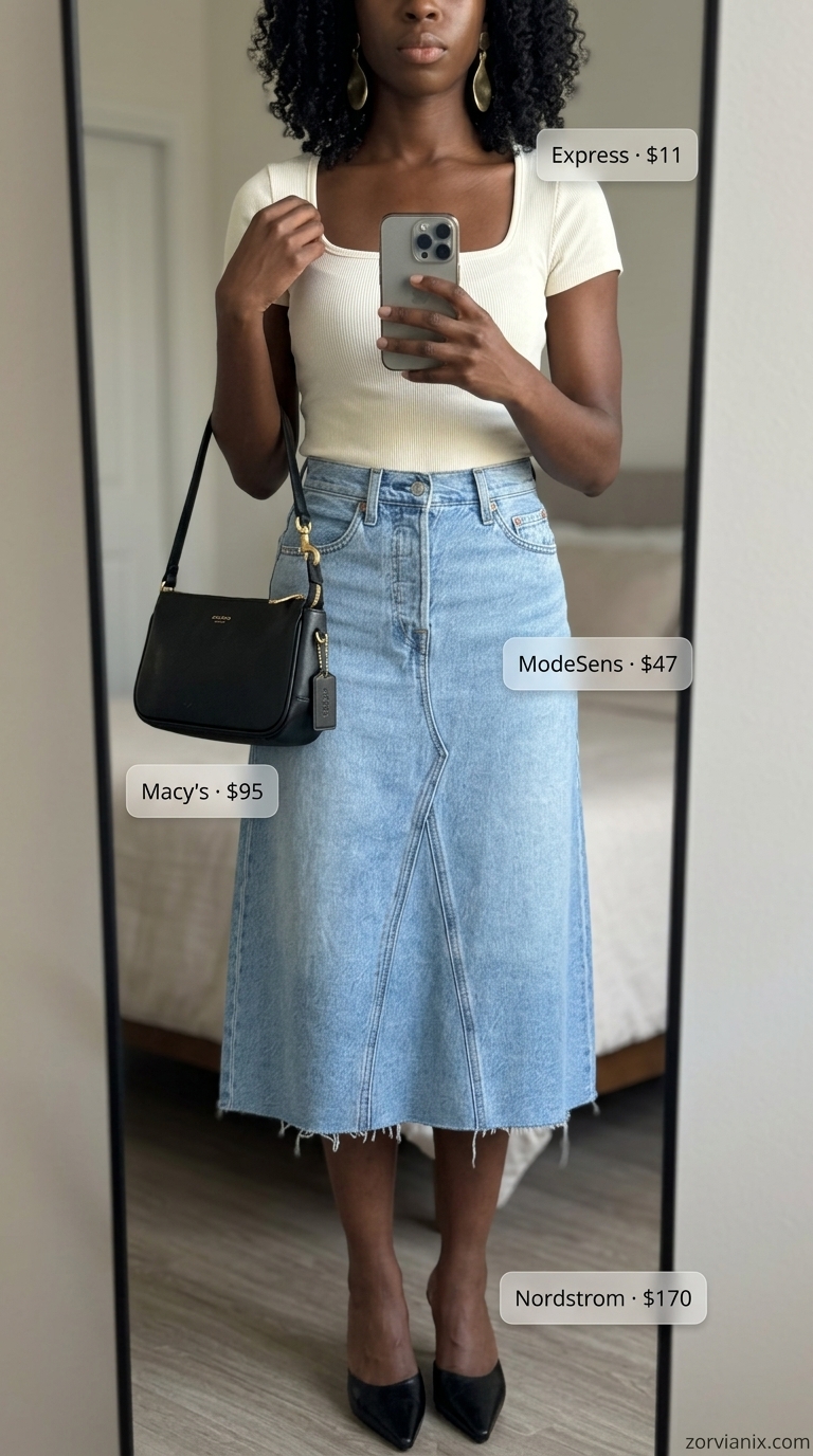 Chic weekend brunch summer denim skirt outfit with midi skirt, knit top, and heeled mules.