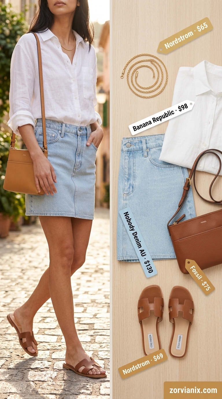 Effortless weekend summer denim skirt outfit with oversized linen shirt, leather slides, and crossbody bag.