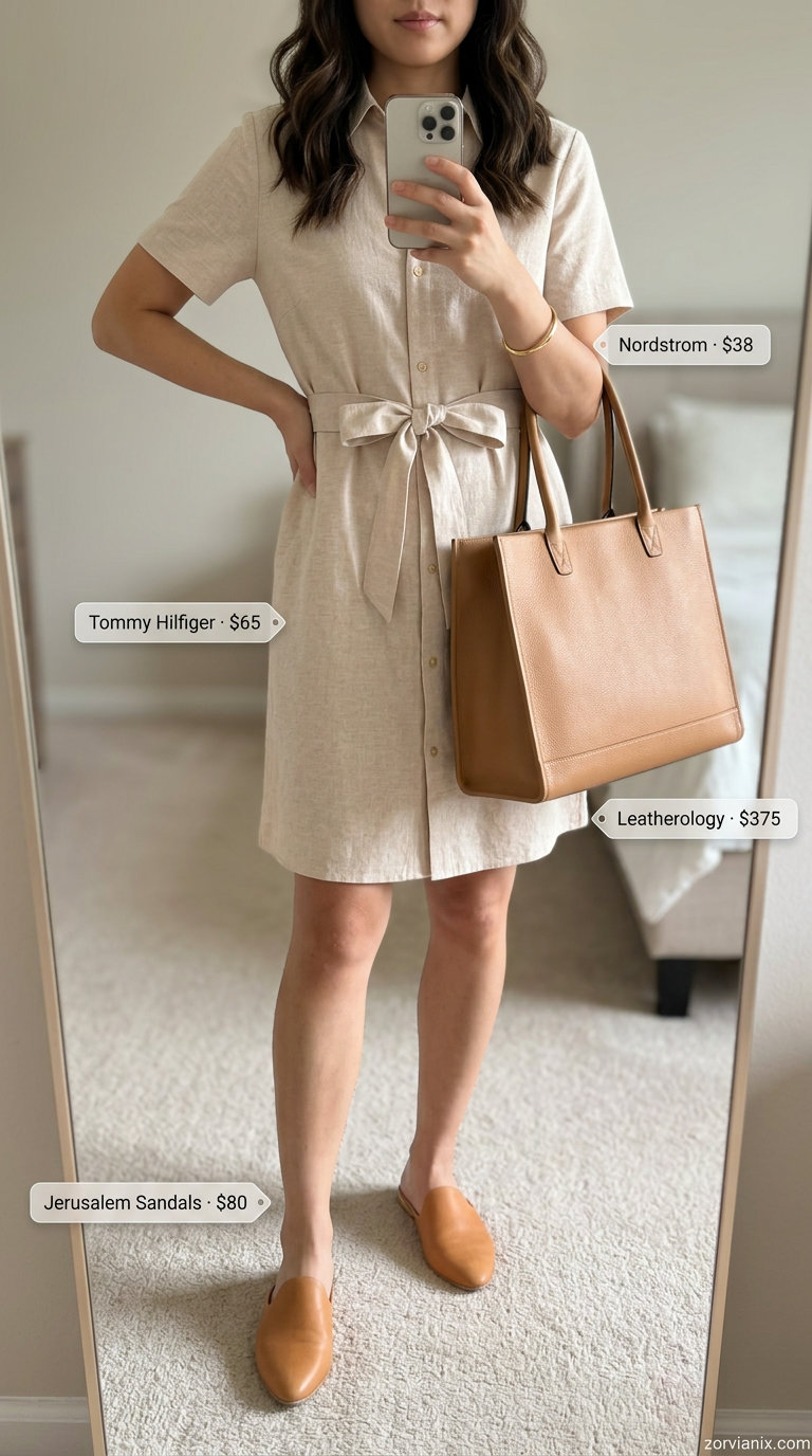 Beige linen shirt dress with belt for chic summer dresses for women 2026 daytime events.