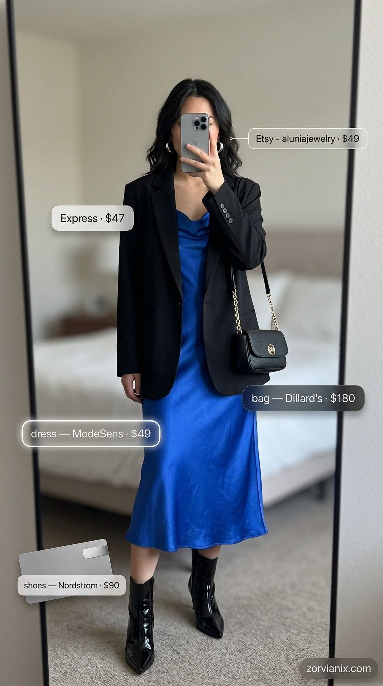 Cobalt blue satin slip dress with blazer for edgy summer dresses for women 2026 night outs.