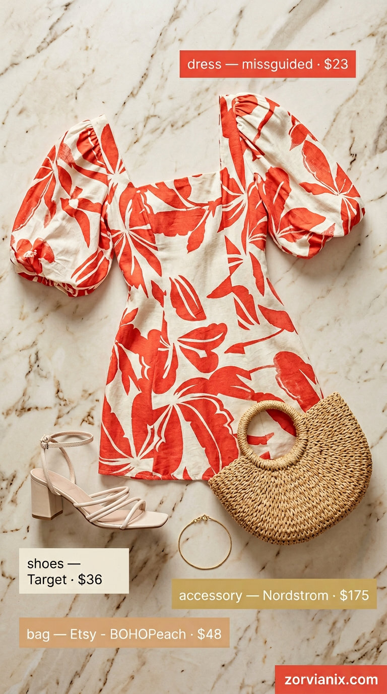 Coral floral mini dress with woven basket bag for summer dresses for women 2026 garden party.