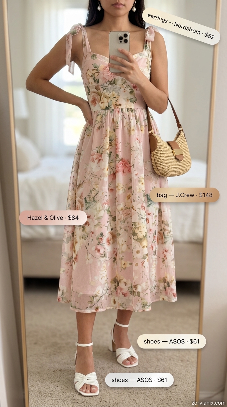 Blush pink floral chiffon midi dress for summer dresses for women 2026 garden party.