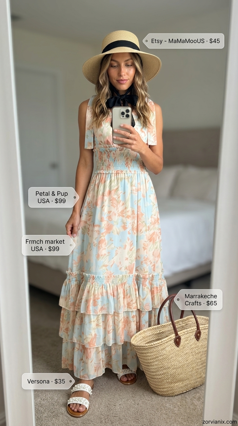 Pastel floral maxi dress with straw hat for relaxed summer dresses for women 2026 beach days.