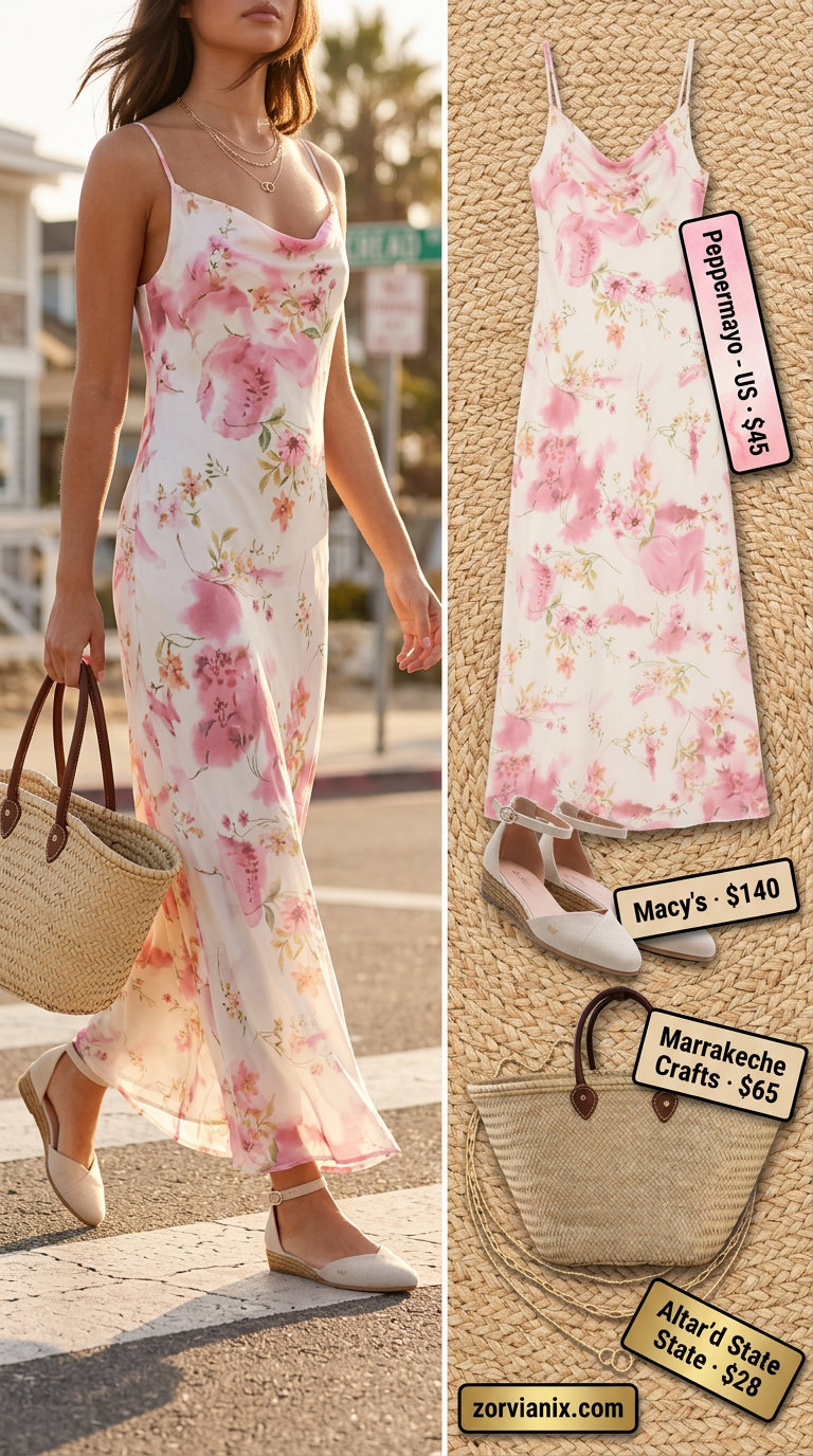 Pastel floral maxi dress with espadrilles for summer dresses for women 2026 beach.