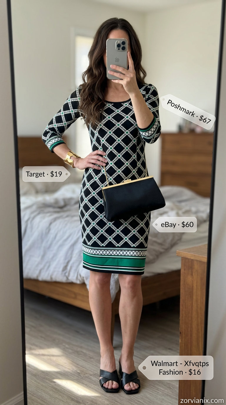 Black and white geometric midi dress with emerald accents for summer dresses for women 2026.
