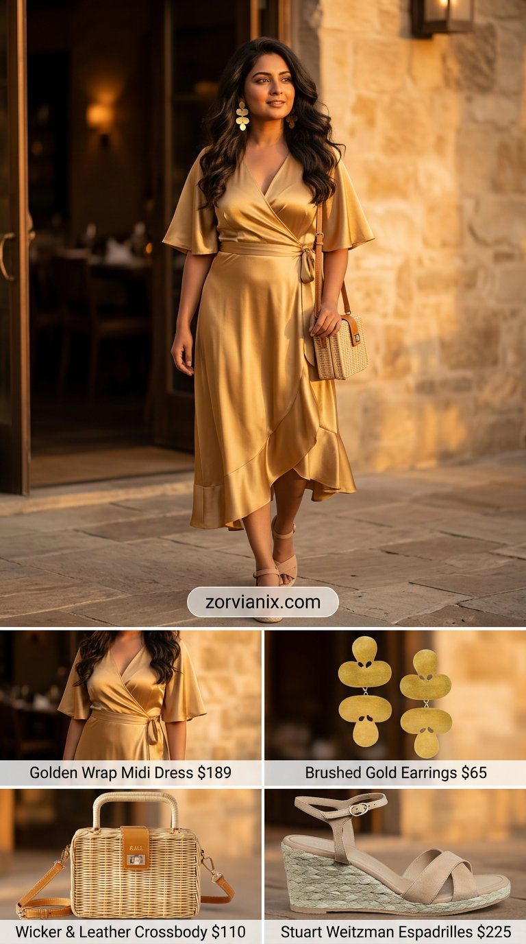 Golden yellow midi wrap dress, espadrille wedges, and statement earrings for summer dresses for women 2026.