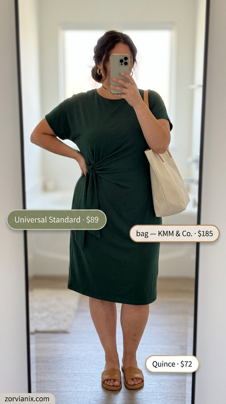 Olive green linen jumpsuit with cream tote and tan slides for summer dresses for women 2026.