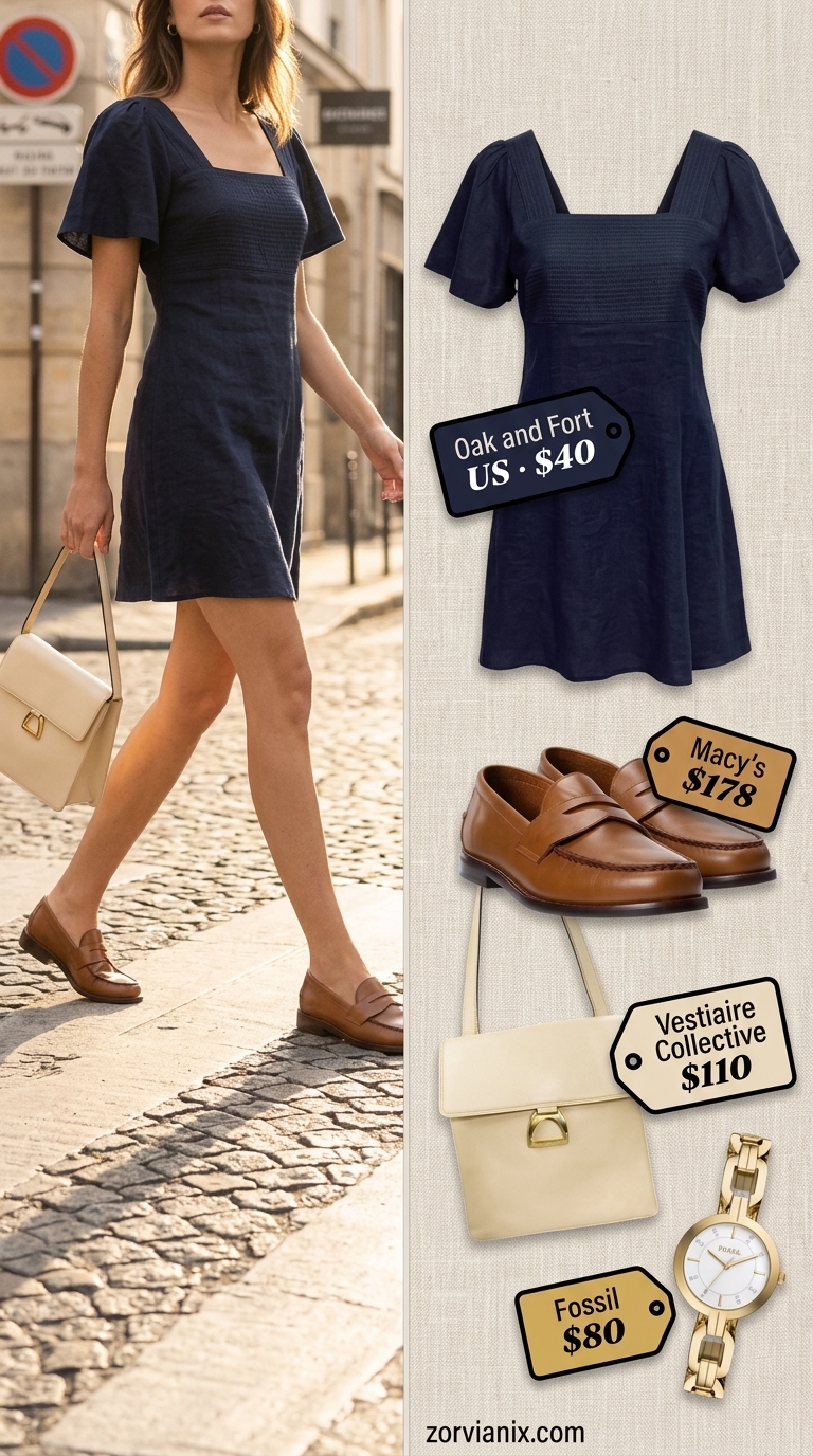 Navy blue linen blend mini dress, penny loafers, and shoulder bag for summer dresses for women 2026.