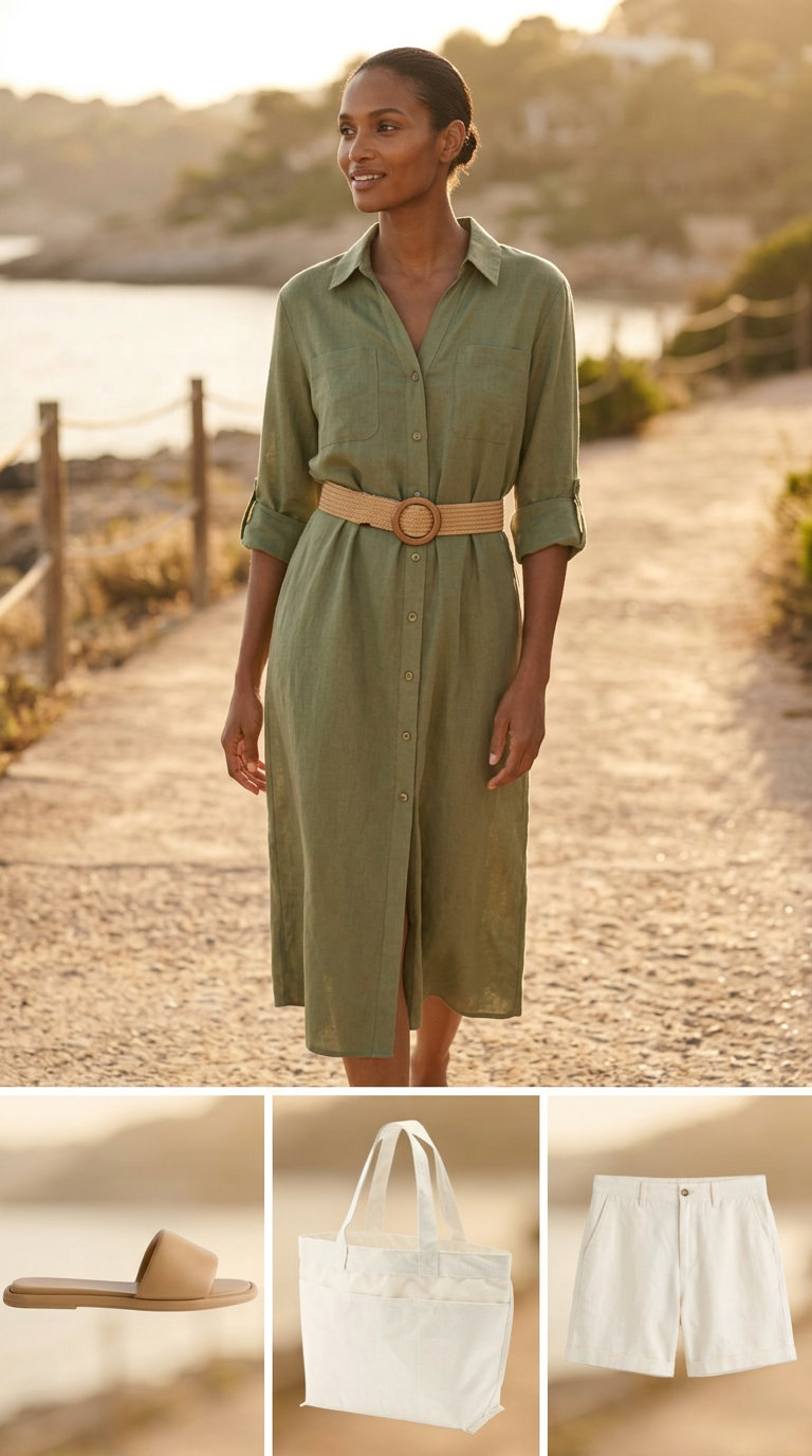 Olive green linen shirt dress for effortless summer dresses for women 2026 casual errands.