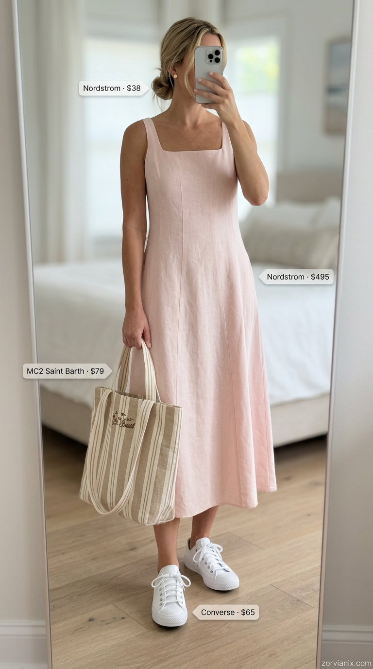 Blush pink linen sundress, white sneakers, and canvas tote for summer dresses for women 2026.