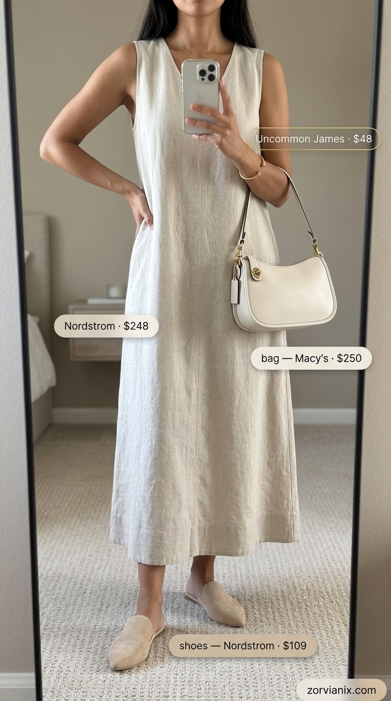 Cream linen blend midi dress with beige mules and gold cuff for summer dresses for women 2026.