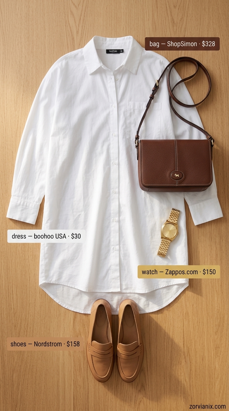 White oversized shirt dress with loafers and crossbody for summer dresses for women 2026 brunch.