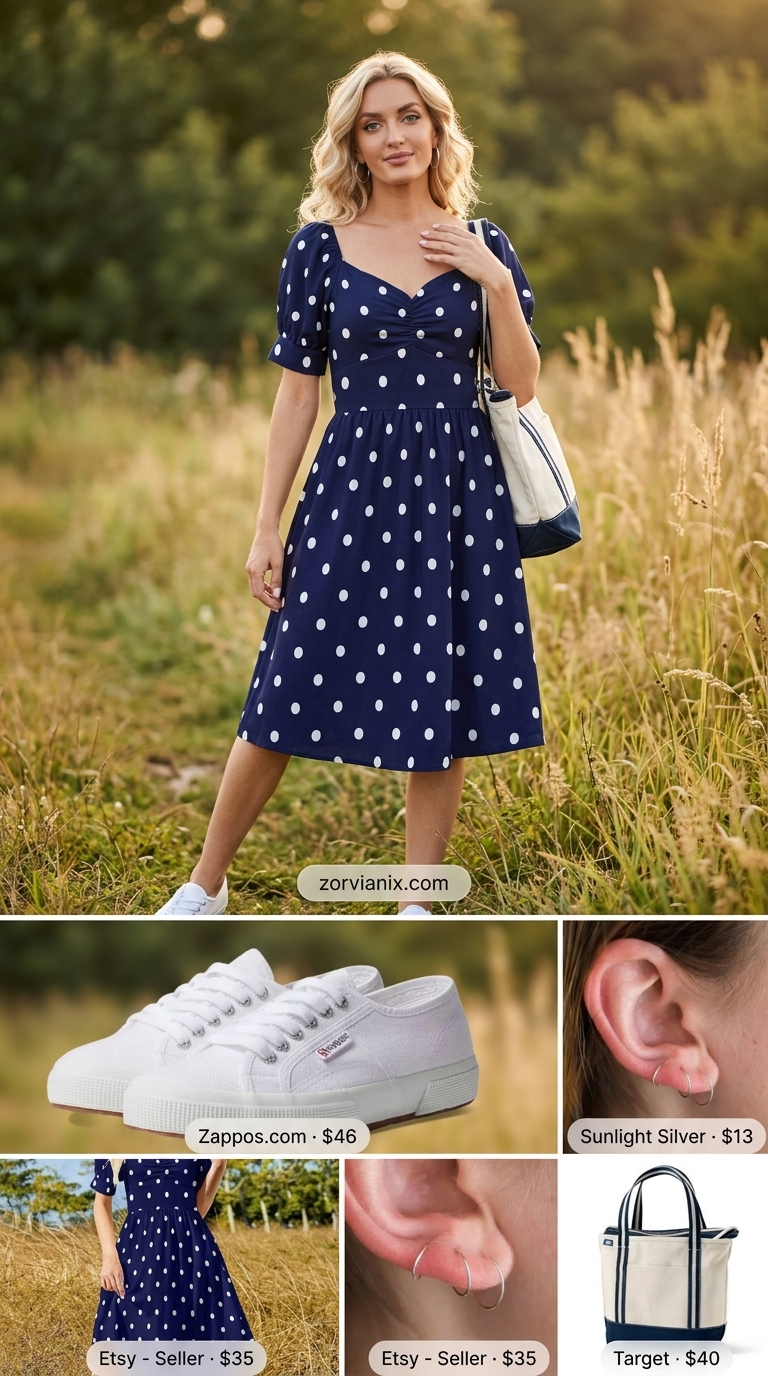 Navy polka dot mini dress with sneakers and tote for summer dresses for women 2026.