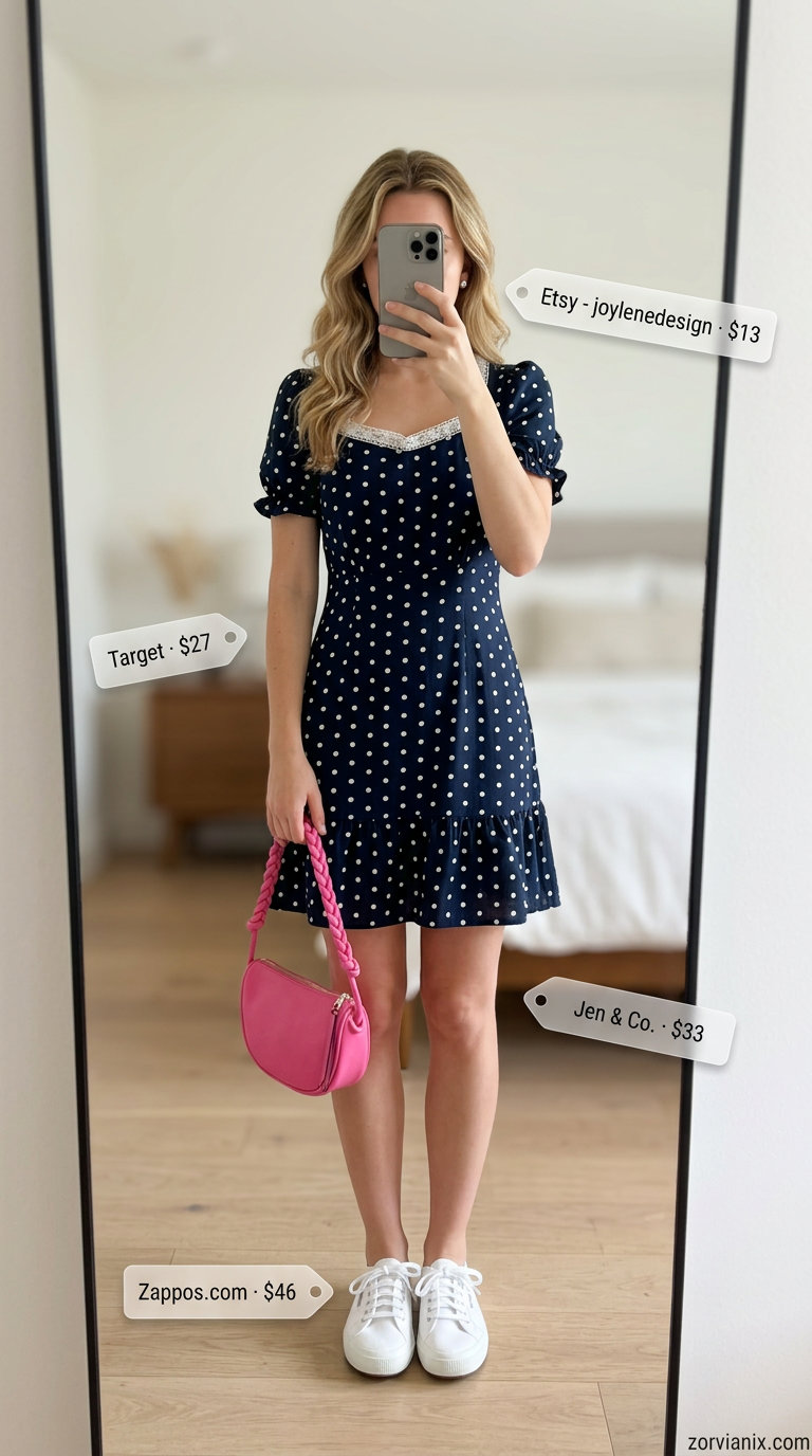 Navy polka dot mini sundress with white sneakers and pink crossbody for summer dresses for women 2026.