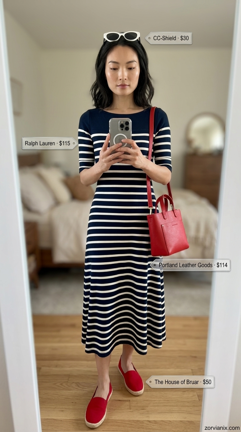 Navy and white striped midi dress, red crossbody bag, and espadrille flats for summer dresses for women 2026.