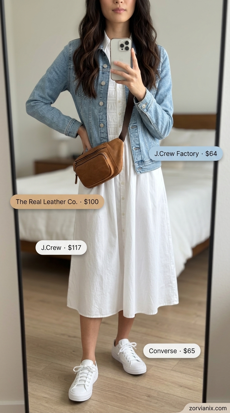 White cotton shirtdress with denim jacket and tan belt bag for summer dresses for women 2026.