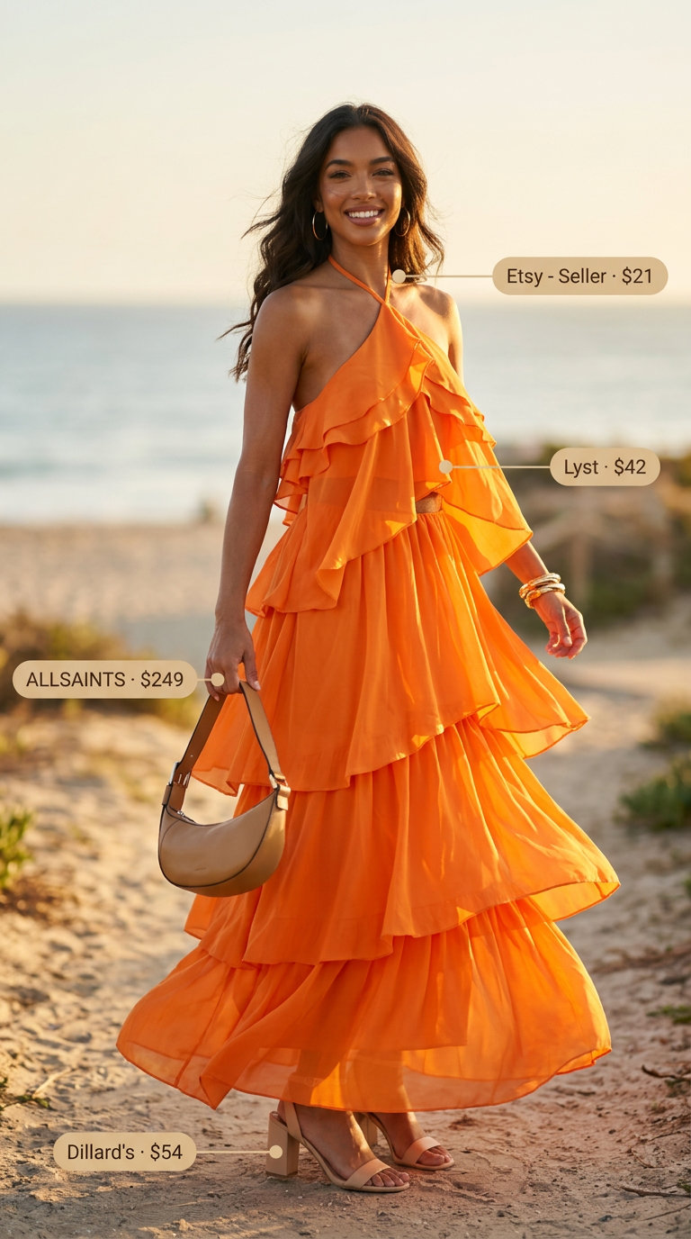 Bright orange flowy maxi dress with tiered skirt, beige sandals, gold earrings for summer dresses for women 2026.