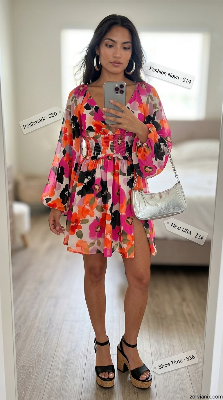 Floral print mini dress, chunky platform sandals, and silver hoops for summer dresses for women 2026.