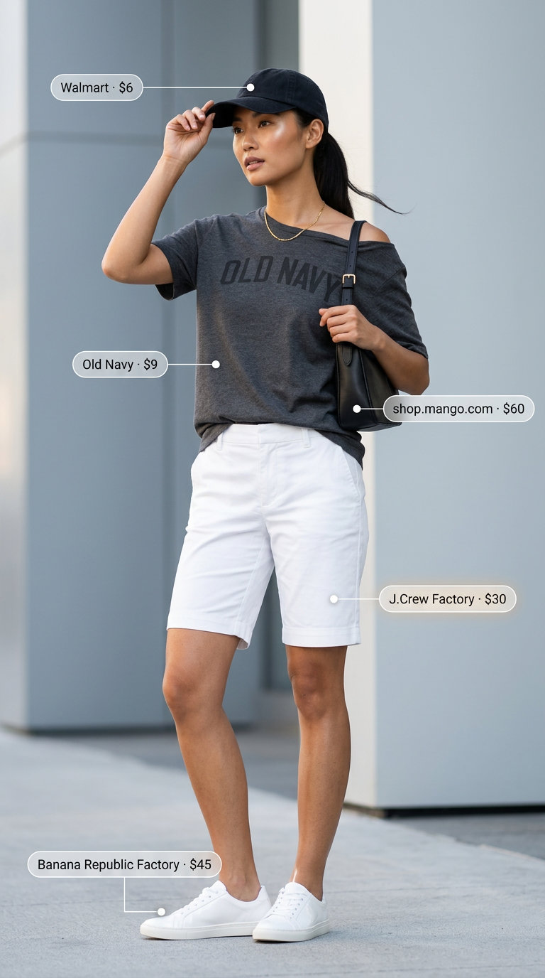 White Bermuda shorts, graphic tee, baseball cap: edgy summer fashion outfits for women 2026 for city exploration.