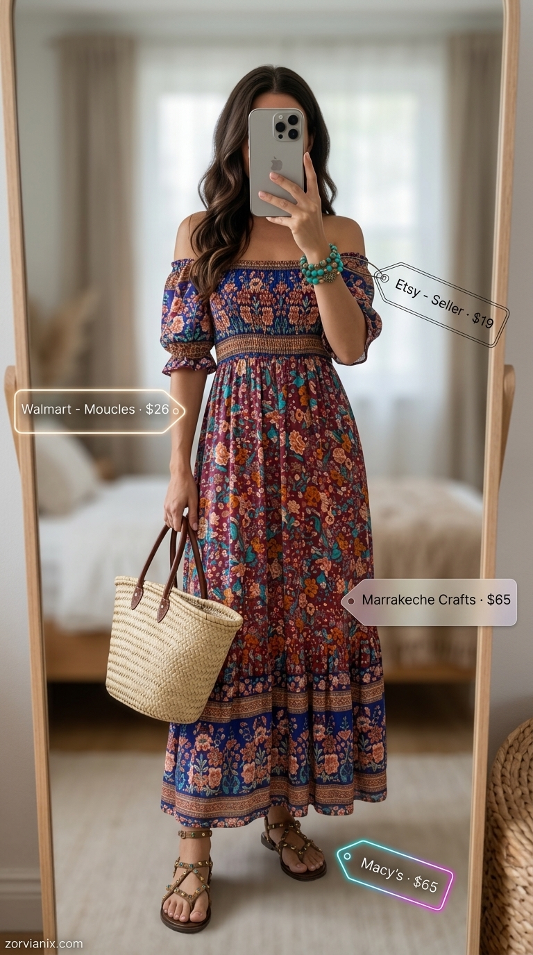 Boho floral maxi dress outfit for women, ideal for festivals and summer parties in 2026.