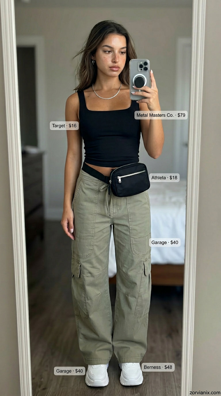 Sage green cargo pants outfit for women 2026: black crop top, white sneakers, belt bag. Casual street style.