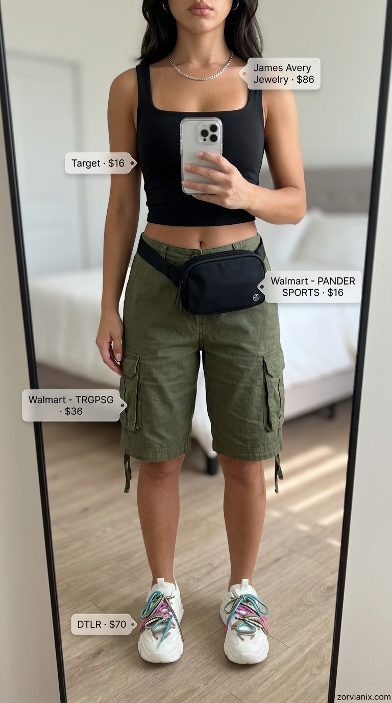 Olive green cargo shorts outfit for women 2026: black crop top, white sneakers, belt bag. Edgy streetwear.