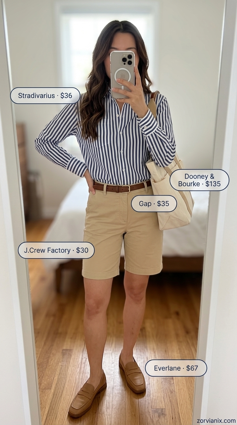Khaki Bermuda shorts outfit for women, a preppy casual choice for summer 2026.