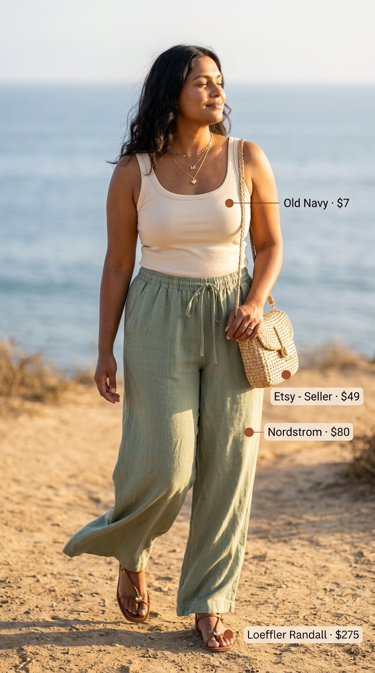Sage green linen pants outfit for women, ideal for vacation and beach days in 2026.