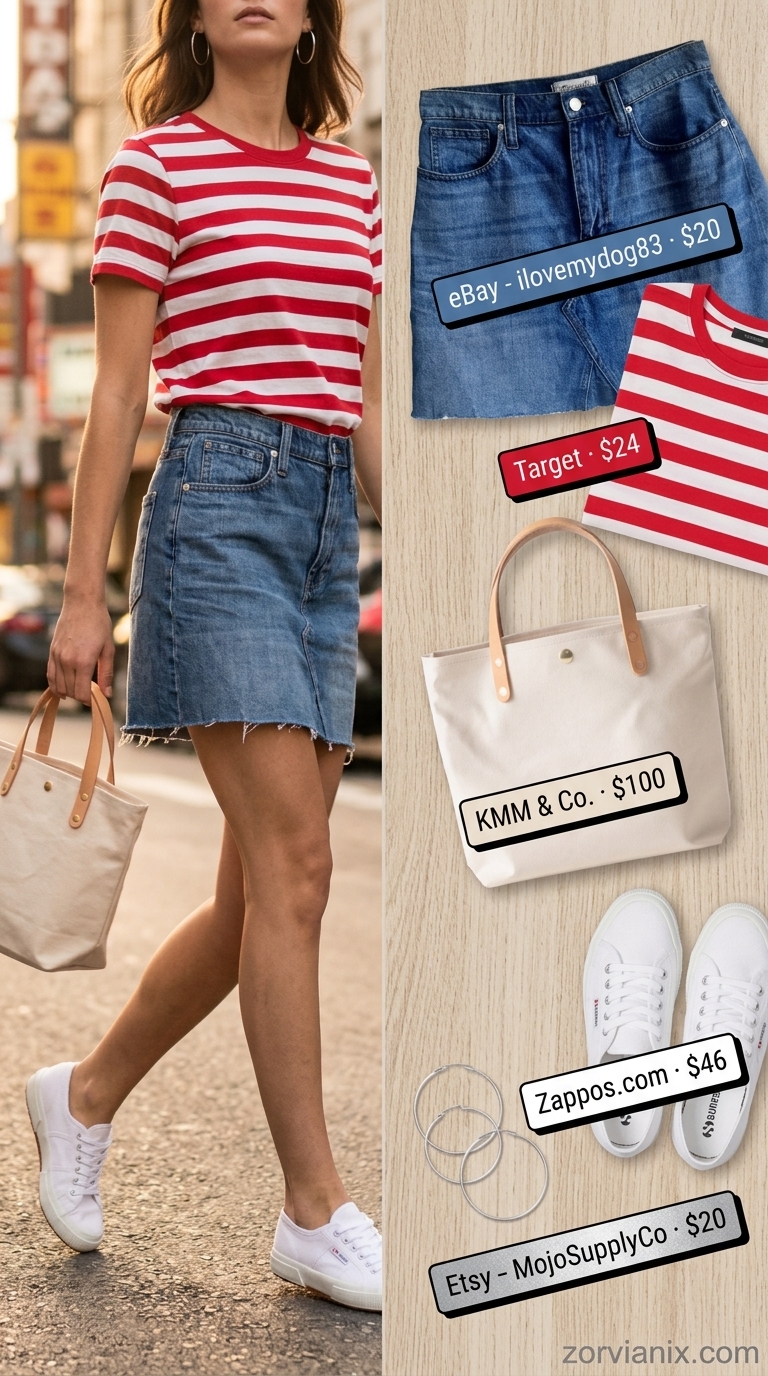 Denim mini skirt outfit for women 2026: striped tee, canvas sneakers, canvas tote. Retro casual.