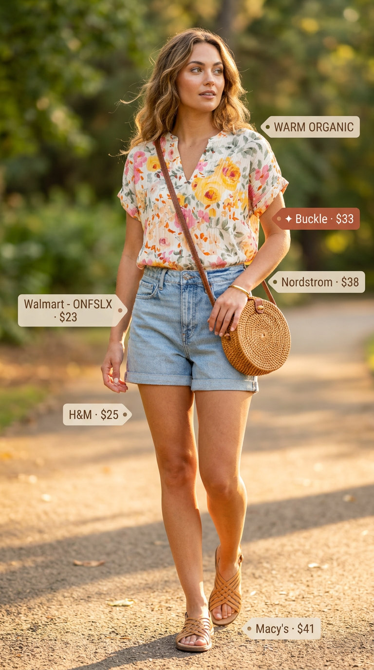 Denim shorts outfit for women 2026: floral blouse, tan sandals, straw bag. Playful casual.