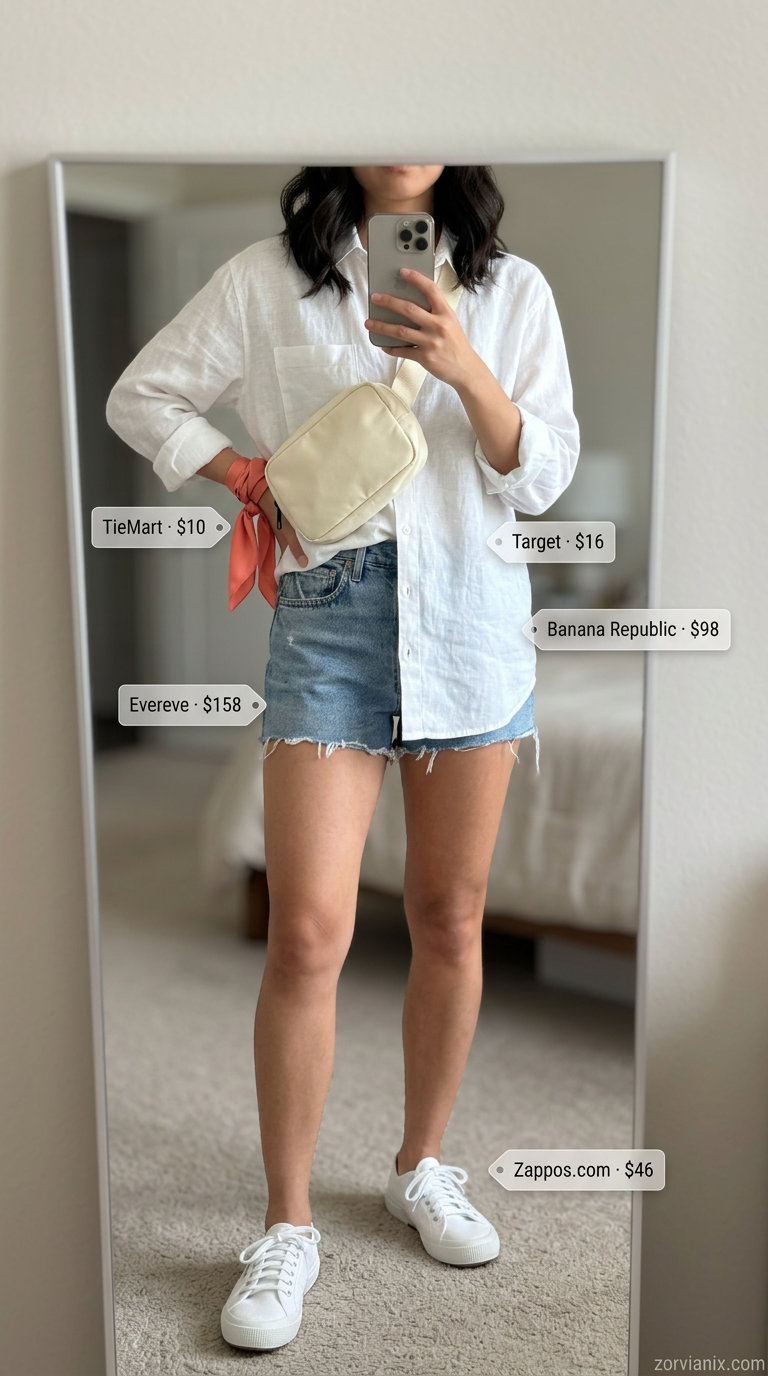 Denim shorts, white linen shirt, coral bandana: chic summer fashion outfits for women 2026 for city sightseeing.