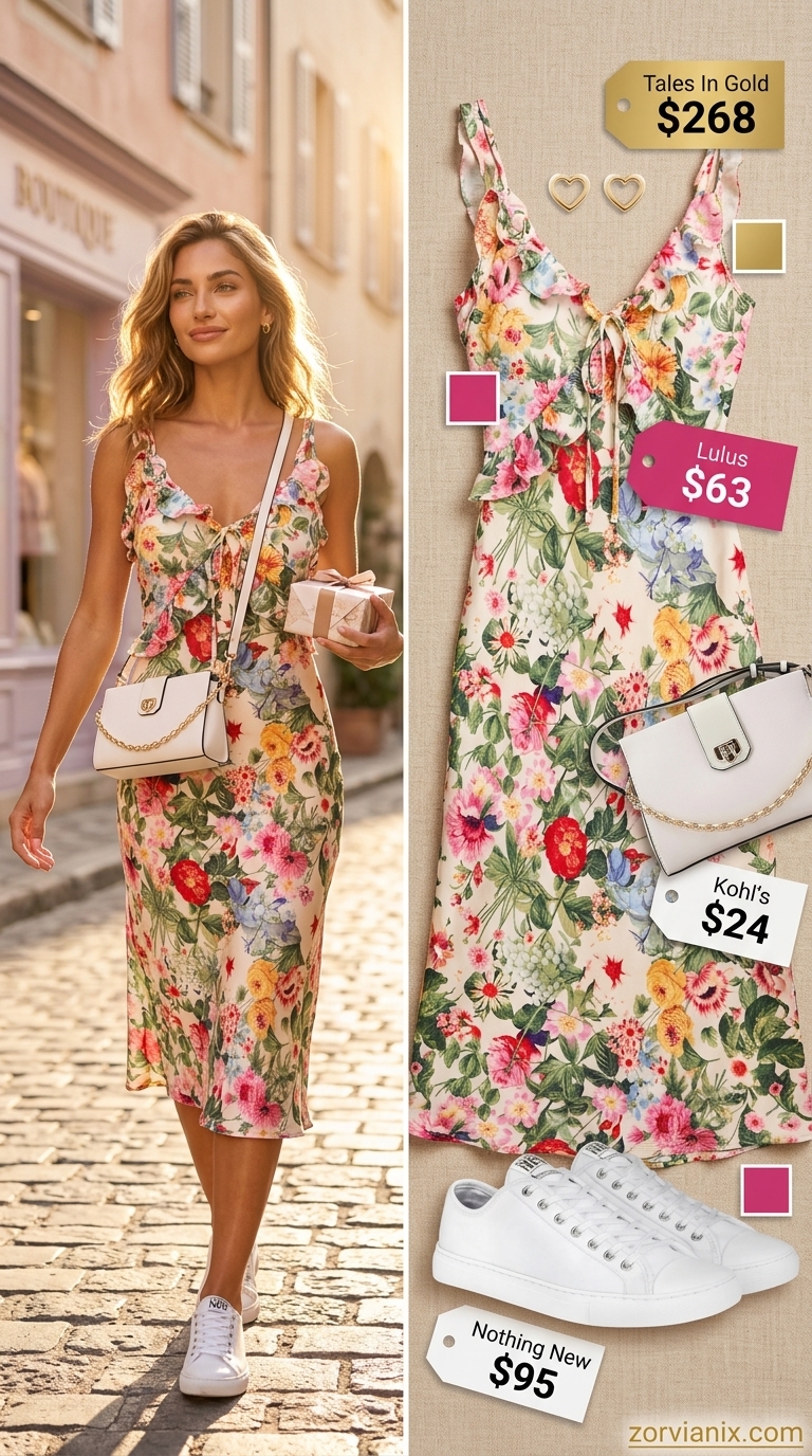 Floral print midi dress outfit for women 2026: white sneakers, gold earrings, crossbody bag. Garden party.