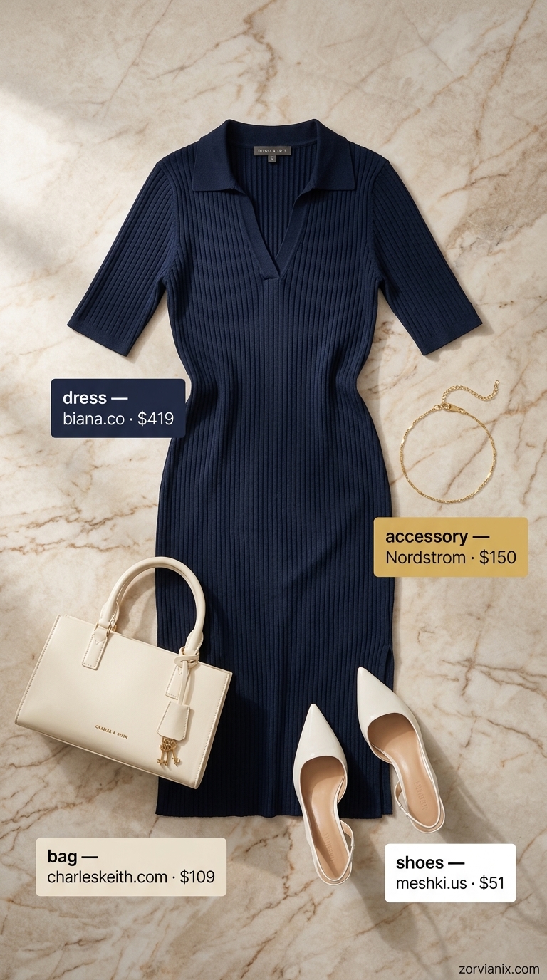 Navy knit midi dress outfit for women 2026: cream heels, gold jewelry, structured bag. Smart casual.