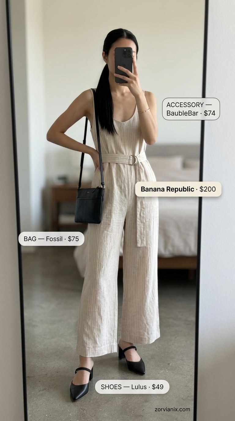 Beige linen jumpsuit outfit for women 2026: black mules, black bag, gold bracelet. Sophisticated travel.