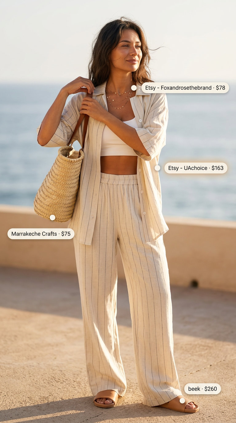 Cream linen set, flat sandals: relaxed summer fashion outfits for women 2026 for beach days and brunch.